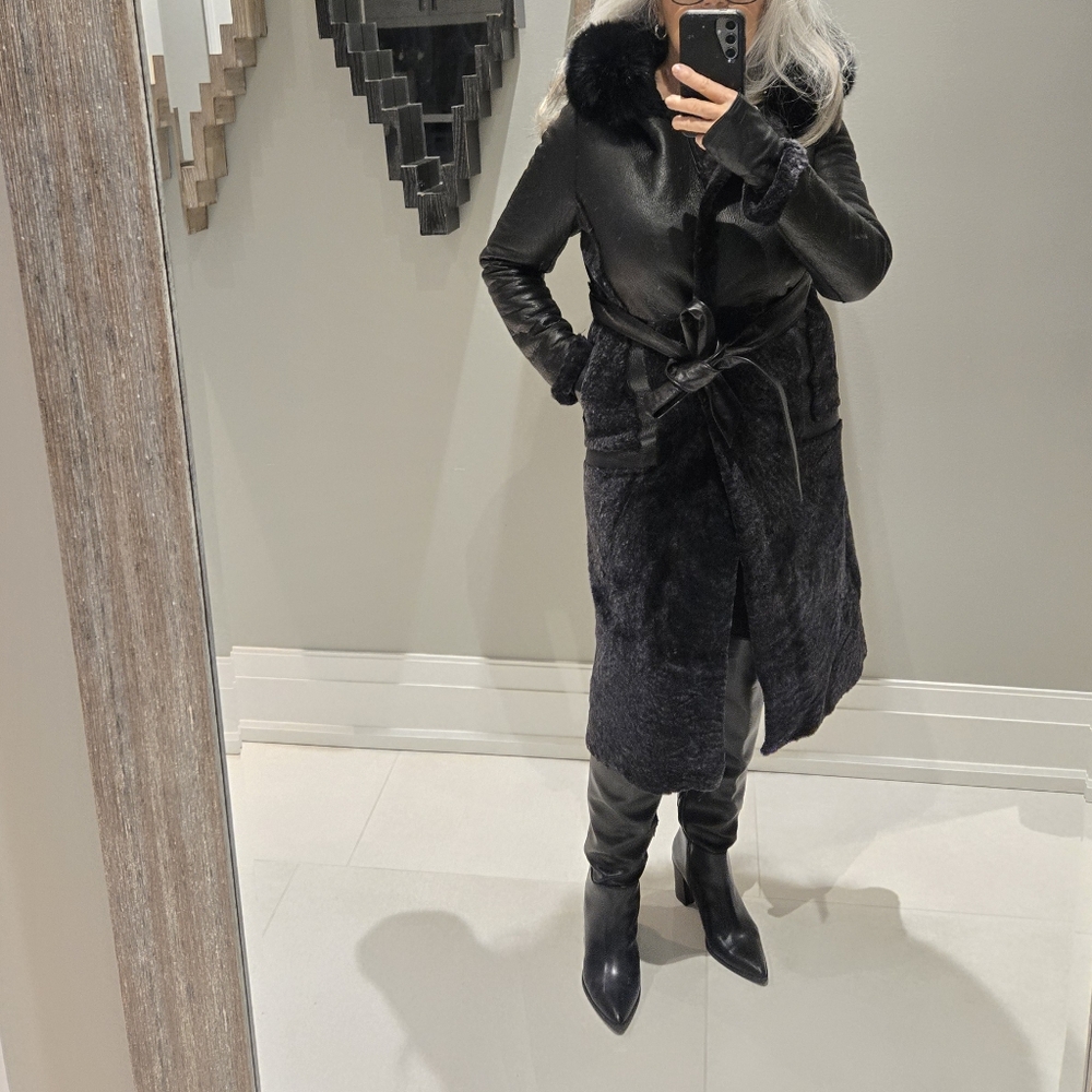 Black Faux Fur Trim Belted Long Coat
